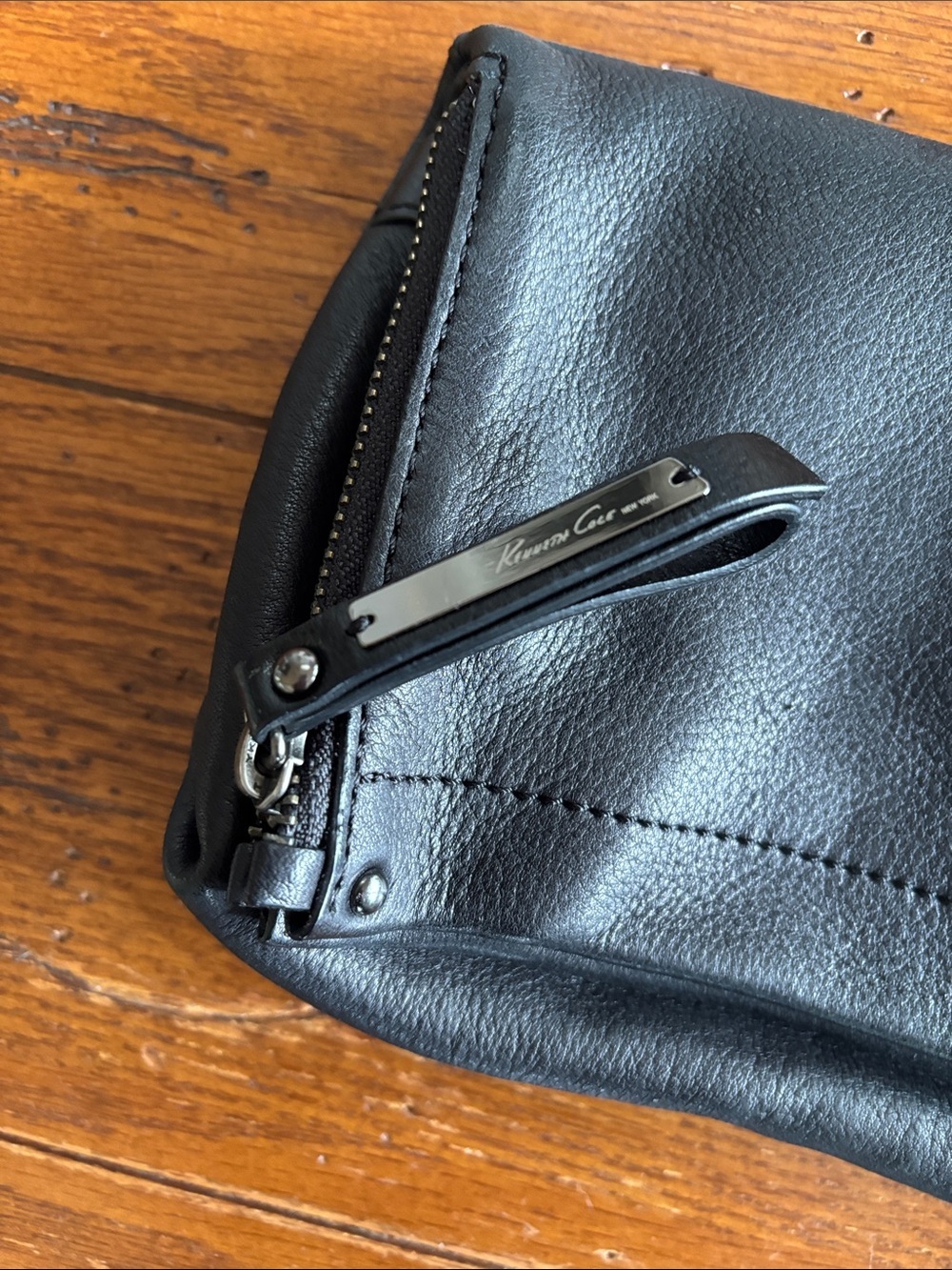 Kenneth Cole New York E/W Clutch Bag Black Tumbled Soft Leather Foldover Purse - Picture 4 of 14